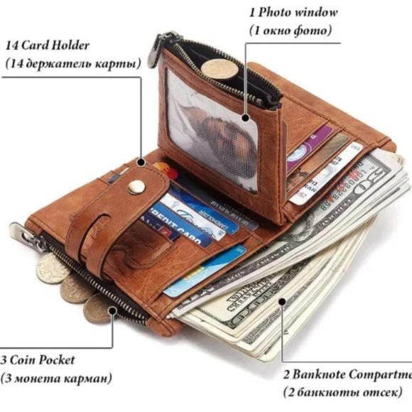 Men Wallet with Chain RFID Blocking Men's Genuine Leather Wallet Bifold Wallet - Picture 4 of 5